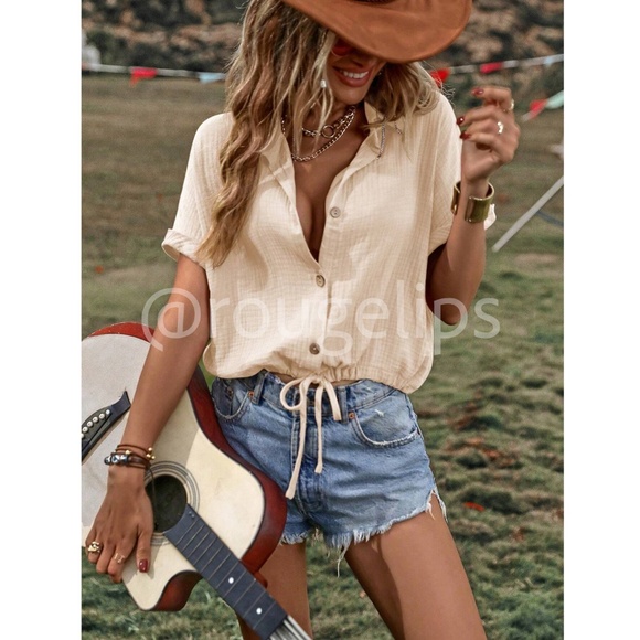 Cotton Beige Short Sleeve Collared Shirt Drawstring Ties Rolled Sleeve Cuff - Picture 3 of 8